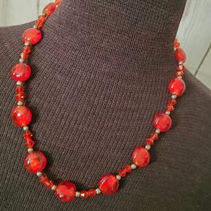 Vintage red and silvertone bead necklace 20 inches long